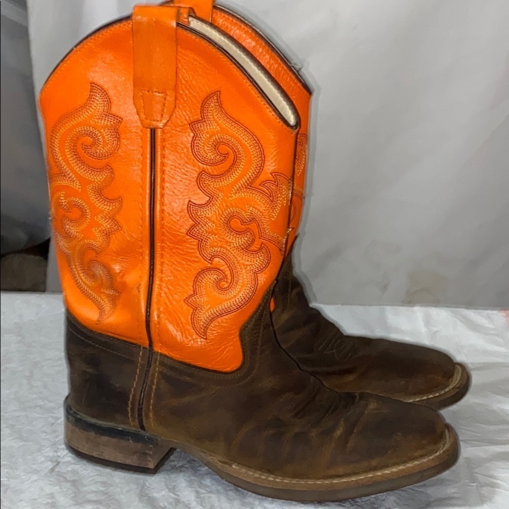 OLD WEST GENUINE LEATHER Orange and‎ Brown Western Cowboy Boots KIDS  SIZE 3D